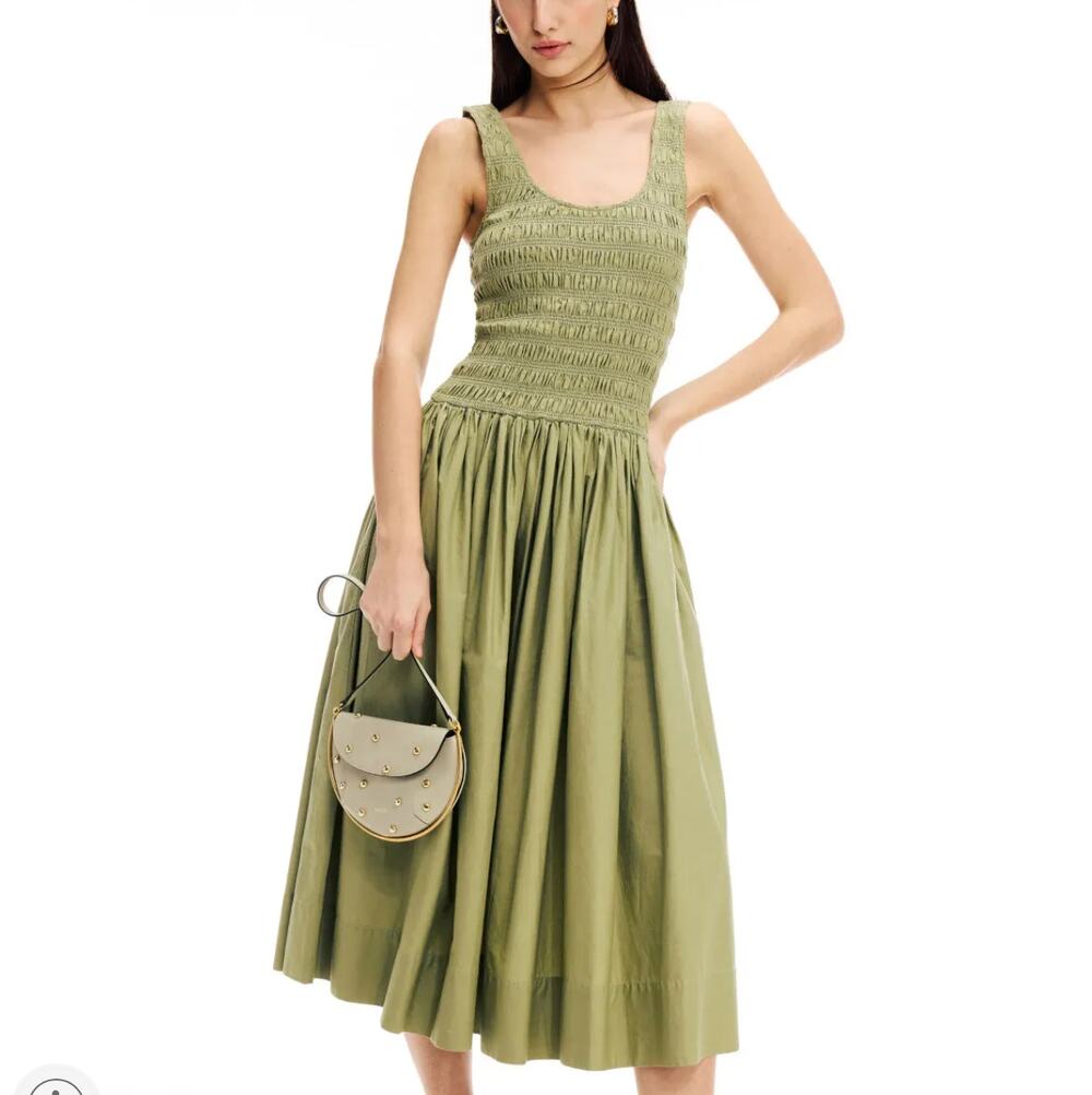 Pistola Olive Midi Nap Dress SMALL Smocked Sundress Cotton Fit and Flare $188